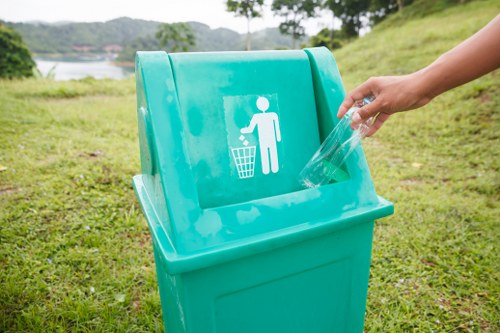 Recycling bins with various recyclable materials
